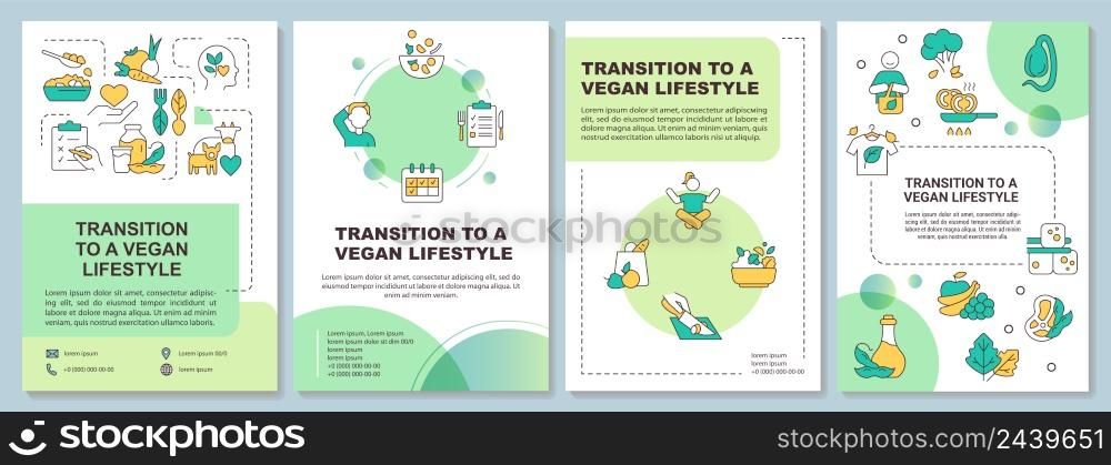 Transition to vegan lifestyle green brochure template. Plant based diet. Leaflet design with linear icons. 4 vector layouts for presentation, annual reports. Arial-Black, Myriad Pro-Regular fonts used. Transition to vegan lifestyle green brochure template