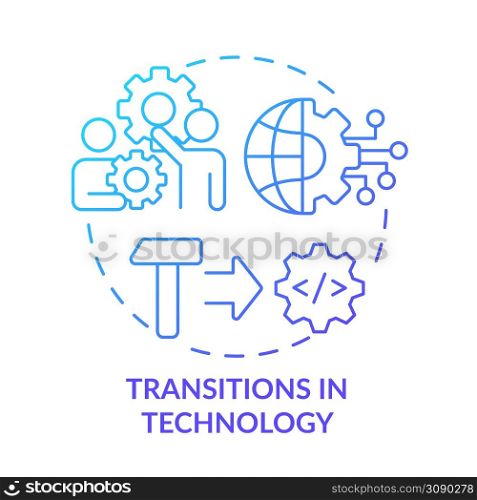 Transitions in technology blue gradient concept icon. Business digitization. Macro economy trends abstract idea thin line illustration. Isolated outline drawing. Myriad Pro-Bold font used. Transitions in technology blue gradient concept icon