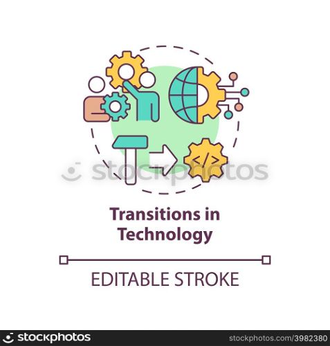 Transitions in technology concept icon. Business digitization. Macro economy trends abstract idea thin line illustration. Isolated outline drawing. Editable stroke. Arial, Myriad Pro-Bold fonts used. Transitions in technology concept icon