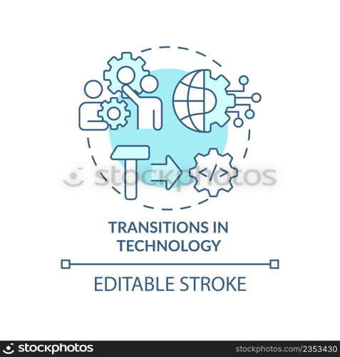 Transitions in technology turquoise concept icon. Macro economy trends abstract idea thin line illustration. Isolated outline drawing. Editable stroke. Arial, Myriad Pro-Bold fonts used. Transitions in technology turquoise concept icon