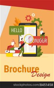 Translating app on mobile phone. People using online translation service, translating from English into French. Vector illustration for foreign language learning, online service, communication concept
