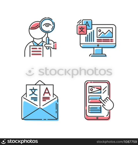 Translation color icons set. Proofreading, website localization. Multilingual online dictionary mobile app. Email translation, DTP services. Isolated vector illustrations