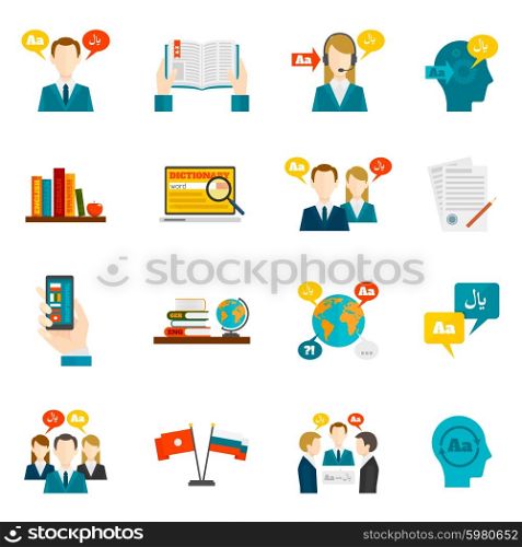 Translation foreign communication and dictionary flat icons set isolated vector illustration. Translation And Dictionary Icons Set