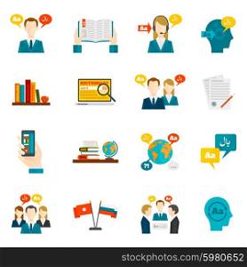 Translation foreign communication and dictionary flat icons set isolated vector illustration. Translation And Dictionary Icons Set