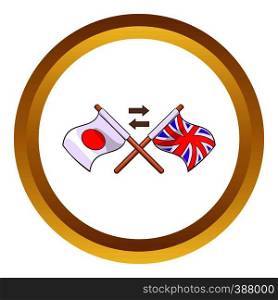 Translation from japanese to english vector icon in golden circle, cartoon style isolated on white background. Translation to english vector icon