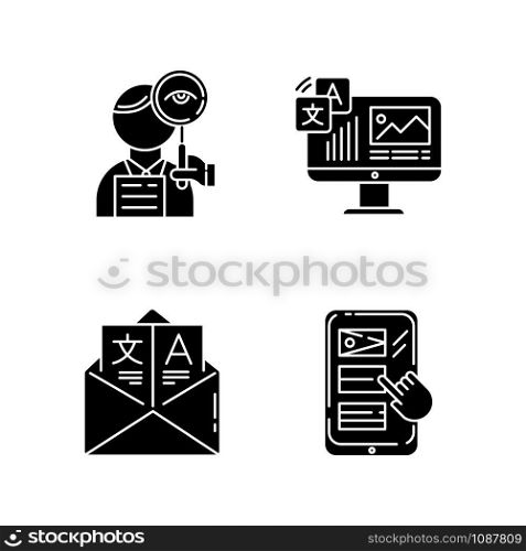 Translation glyph icons set. Proofreading, website localization. Multilingual online dictionary mobile app. Email translation, DTP services. Silhouette symbols. Vector isolated illustration