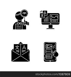Translation glyph icons set. Proofreading, website localization. Multilingual online dictionary mobile app. Email translation, DTP services. Silhouette symbols. Vector isolated illustration