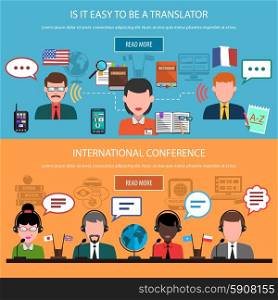 Translation Horizontal Banners. Translation horizontal banners with real time interpretation and multinational conference isolated vector illustration