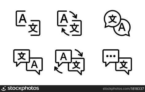 Translation icon collection. Language translation chat bubbles line set signs. Translate service element. Stock vector template