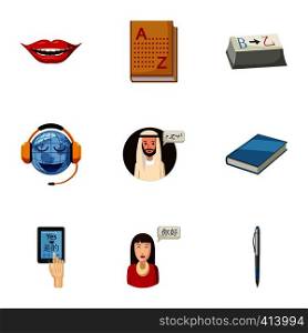 Translation icons set. Cartoon illustration of 9 translation vector icons for web. Translation icons set, cartoon style
