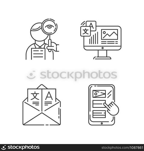 Translation linear icons set. Proofreading, website localization. Online dictionary . Email translation, DTP services. Thin line contour symbols. Isolated vector outline illustrations. Editable stroke
