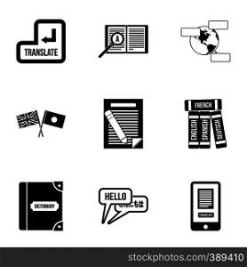 Translation of language icons set. Simple illustration of 9 translation of language vector icons for web. Translation of language icons set, simple style