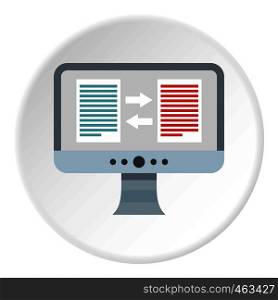 Translation of text on computer icon in flat circle isolated vector illustration for web. Translation of text on computer icon circle