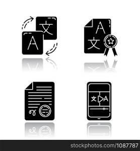 Translation services drop shadow black glyph icons set. Instant online translation. Apostilles and document legalization. Audio and video instant online translator. Isolated vector illustrations