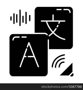 Translation services glyph icon. Instant audio translation. Online dictionary with sound. Audible pronunciation. Machine interpretation. Silhouette symbol. Negative space. Vector isolated illustration