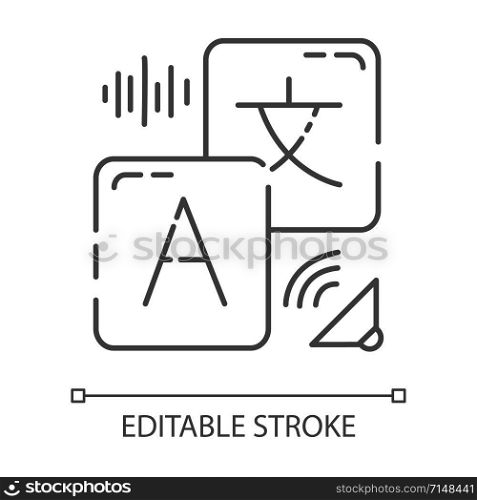 Translation services linear icon. Instant audio translation. Online dictionary. Audible pronunciation. Thin line illustration. Contour symbol. Vector isolated outline drawing. Editable stroke