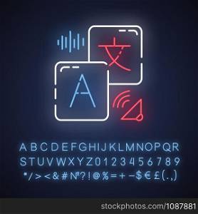 Translation services neon light icon. Instant audio translation. Online dictionary with sound. Audible pronunciation. Machine interpretation. Glowing alphabet, numbers. Vector isolated illustration