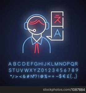 Translation services neon light icon. Professional interpreter. Translation agency worker in headphones. Consecutive interpretation. Translator. Glowing alphabet, numbers. Vector isolated illustration
