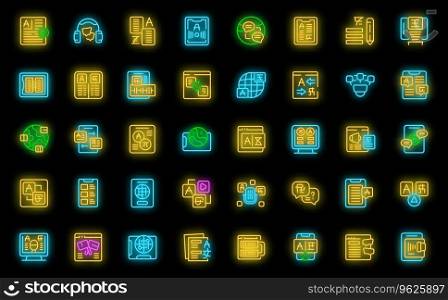 Translator app icons set outline vector. App web. People site neon color on black. Translator app icons set vector neon