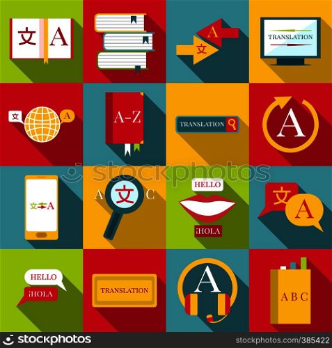 Translator profession icons set. Flat illustration of 16 translator profession vector icons for web. Translator profession icons set, flat style