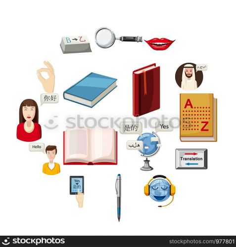 Translator profession tools set. Cartoon illustration of 16 translator profession vector icons for web. Translator profession icons set, cartoon style