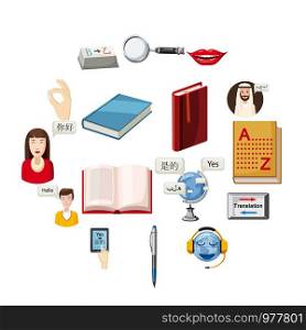 Translator profession tools set. Cartoon illustration of 16 translator profession vector icons for web. Translator profession icons set, cartoon style