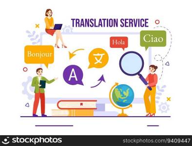 Translator Service Vector Illustration with Language Translation Various Countries and Multilanguage Using Dictionary in Hand Drawn Templates