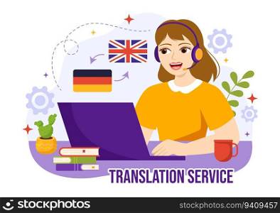 Translator Service Vector Illustration with Language Translation Various Countries and Multilanguage Using Dictionary in Hand Drawn Templates