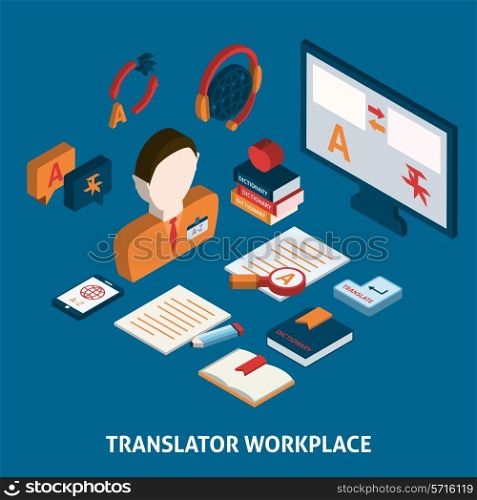 Translator workplace isometric icons composition with computer dictionaries and mobile electronic devices poster print isolated vector illustration