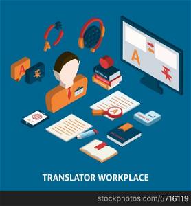 Translator workplace isometric icons composition with computer dictionaries and mobile electronic devices poster print isolated vector illustration