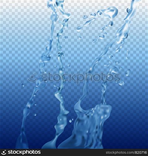 Translucent jets of water. The flow of water in the air. Splash of water with transparency, isolated from background