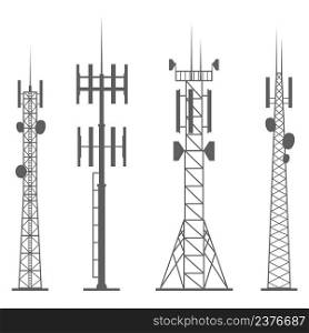 Transmission cellular towers silhouette. Mobile and radio communications towers with antennas for wireless connections. Outline vector illustrations set.. Transmission cellular towers silhouette. Mobile and radio communications towers with antennas for wireless connections. Outline vector illustrations set