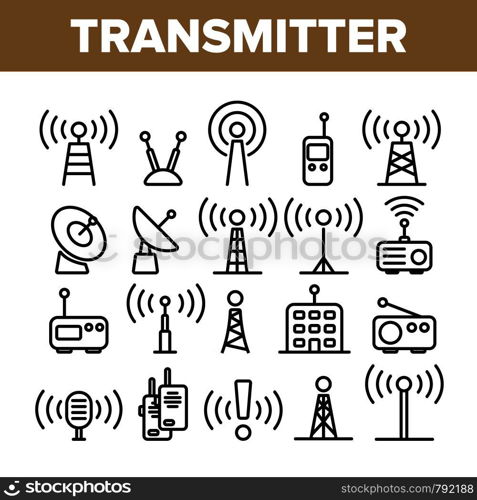 Transmitter, Radio Tower Linear Vector Icons Set. Transmitter and Receiver Thin Line Contour Symbols Pack. Communication Technology Pictograms Collection. Broadcasting Equipment Outline Illustrations. Transmitter, Radio Tower Linear Vector Icons Set