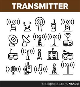 Transmitter, Radio Tower Linear Vector Icons Set. Transmitter and Receiver Thin Line Contour Symbols Pack. Communication Technology Pictograms Collection. Broadcasting Equipment Outline Illustrations. Transmitter, Radio Tower Linear Vector Icons Set