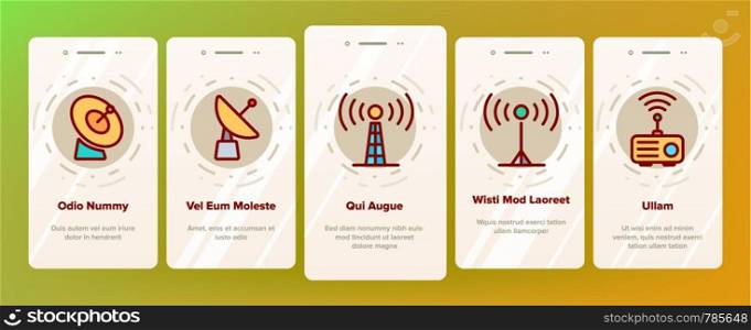 Transmitter, Radio Tower Linear Vector Onboarding Mobile App Page Screen. Transmitter and Receiver Thin Line Contour Symbols Pack. Communication Technology Pictograms. Broadcasting Illustrations. Transmitter, Radio Tower Linear Vector Onboarding