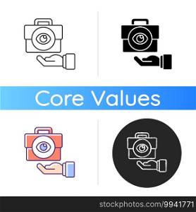 Transparency icon. Business mission. Company vision. Core corporate values and ethics. Service with integrity. Vision for project. Linear black and RGB color styles. Isolated vector illustrations. Transparent icon