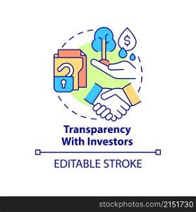 Transparency with investors concept icon. Open financial information abstract idea thin line illustration. Isolated outline drawing. Editable stroke. Roboto-Medium, Myriad Pro-Bold fonts used. Transparency with investors concept icon