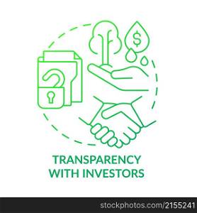 Transparency with investors green gradient concept icon. Safe partnership. Business abstract idea thin line illustration. Isolated outline drawing. Roboto-Medium, Myriad Pro-Bold fonts used. Transparency with investors green gradient concept icon