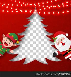 Transparent background Christmas tree frame with Santa Claus and elf, Merry Christmas