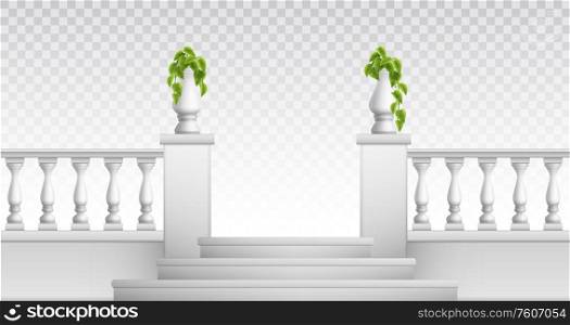 Transparent background with outdoor and vintage park elements so as stair balustrade decorative vases realistic vector illustration