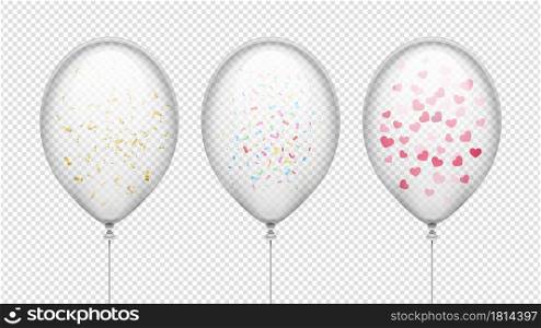 Transparent balloons with confetti. Birthday party, valentines day, anniversary or baby shower decorations vector set. Illustration birthday air balloon with confetti, holiday party. Transparent balloons with confetti. Birthday party, valentines day, anniversary or baby shower decorations vector set