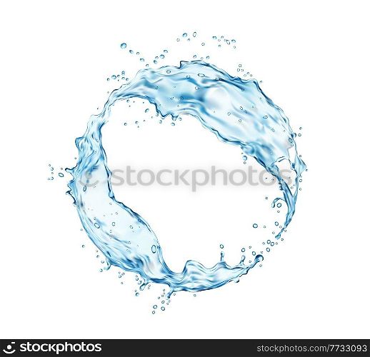Transparent blue water round swirl frame with splash and bubbles, vector. Realistic 3d water with splashing drops whirl, liquid blue clear aqua wave with fresh droplet of clean drink with pouring flow. Transparent blue water, round swirl frame splash