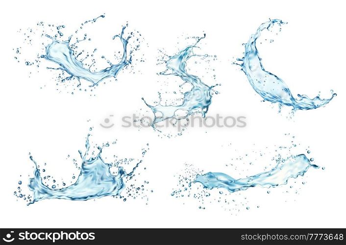 Transparent blue water splashes and wave with drops. Vector liquid splashing fluids with droplets, isolated realistic 3d elements, transparent fresh drink, clear aqua falling or pour with air bubbles. Transparent blue water wave splashes with drops