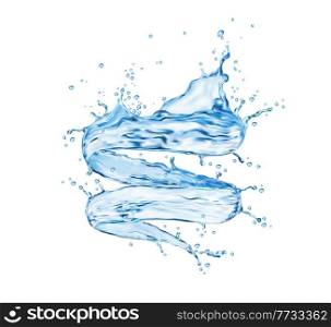 Transparent blue water twister or whirlwind, vector tornado splash. Pure liquid whirl, clear natural aqua flow and 3d realistic vector fresh water stream with drops and splatters. Transparent blue water twister or whirlwind splash