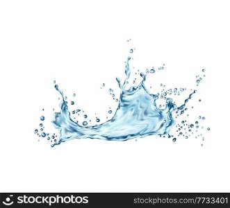 Transparent blue water wave splash with drops. Falling blue aqua, pure liquid or realistic vector fresh water frozen motion splash with droplets and bubbles, clean water spray. Transparent blue water wave splash with drops