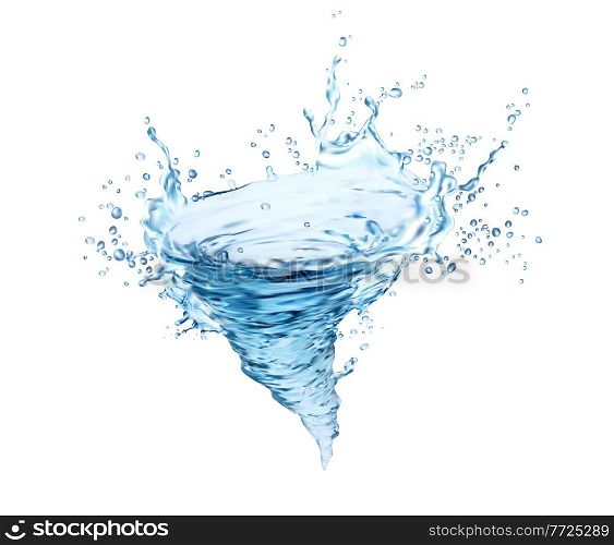 Transparent blue water whirlwind, tornado, twister or splash. Vector water swirl with drops, liquid splashing dynamic motion, tornado with spray droplets, isolated realistic 3d pure whirl. Transparent blue water whirlwind, tornado, twister