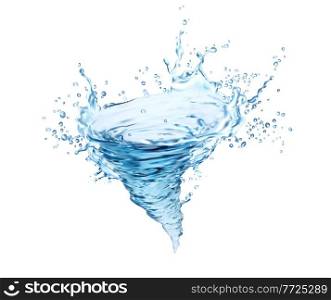 Transparent blue water whirlwind, tornado, twister or splash. Vector water swirl with drops, liquid splashing dynamic motion, tornado with spray droplets, isolated realistic 3d pure whirl. Transparent blue water whirlwind, tornado, twister