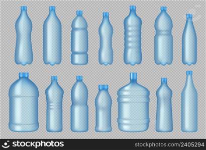 Transparent bottles. Realistic plastic containers for liquid products empty clean bottles for beverages decent vector illustrations set isolated. Container bottle blank from plastic transparent. Transparent bottles. Realistic plastic containers for liquid products empty clean bottles for beverages decent vector illustrations set isolated