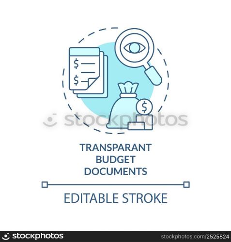 Transparent budget documents turquoise concept icon. Principle of budget planning abstract idea thin line illustration. Isolated outline drawing. Editable stroke. Arial, Myriad Pro-Bold fonts used. Transparent budget documents turquoise concept icon