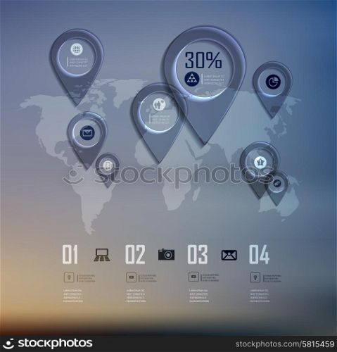 Transparent business Infographics world map on blur landscape can be used for workflow layout, banner, step up options, web design.
